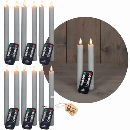 Stabkerzen LED mit Timer WEISS 12 Stück indoor - 6 Stunden - ECHTWACHS 18cm Höhe für Kerzen 2,2cm Durchmesser 2 AAA Batterien notwendig LED Stabkerzen 4er Set WEISS (drei Mal) bewegliche Flamme Licht von Novaliv