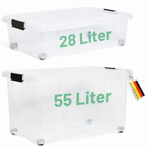 Novaliv 2 tlg Sparset Aufbewahrungsbox mit Deckel Transparent 1x 55 L + 1x 28 L Nestbar stapelbar Clipverschluss Rollboxen BPA-frei von Novatool