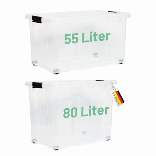 Novaliv 2 tlg Sparset Aufbewahrungsboxen mit Deckel Transparent 1x80 L + 1x 55L Nestbar stapelbar Clipverschluss Rollboxen BPA-frei von Novatool