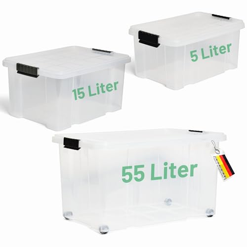 Novaliv 3 tlg Sparset Aufbewahrungsbox mit Deckel Transparent 1x 55 L + 1x 15 L + 1x 5 L Nestbar stapelbar Clipverschluss Rollboxen BPA-frei von Novatool