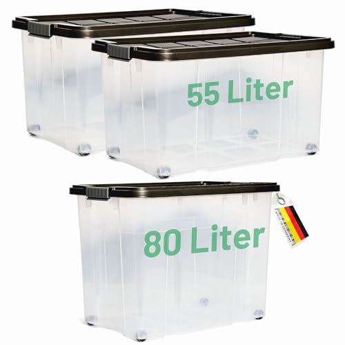 Novaliv 3 tlg Sparset Aufbewahrungsboxen mit Deckel Anthrazit 1x80 L + 2x 55L Nestbar stapelbar Clipverschluss Rollboxen BPA-frei von Novatool