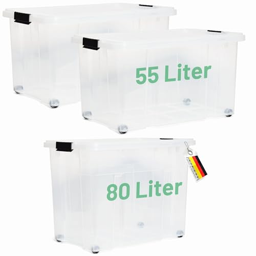 Novaliv 3 tlg Sparset Aufbewahrungsboxen mit Deckel Transparent 1x80 L + 2x 55L Nestbar stapelbar Clipverschluss Rollboxen BPA-frei von Novatool