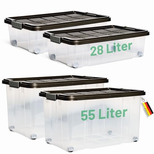 Novaliv 4 tlg Sparset Aufbewahrungsbox mit Deckel Anthrazit 2x 55 L + 2x 28 L Nestbar stapelbar Clipverschluss Rollboxen BPA-frei von Novatool