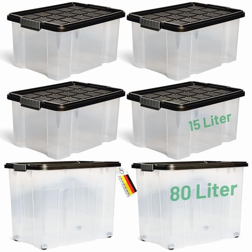 Novaliv 5 tlg Sparset Aufbewahrungsboxen mit Deckel Anthrazit 1x80 L + 4x 15L Nestbar stapelbar Clipverschluss Rollboxen BPA-frei von Novatool