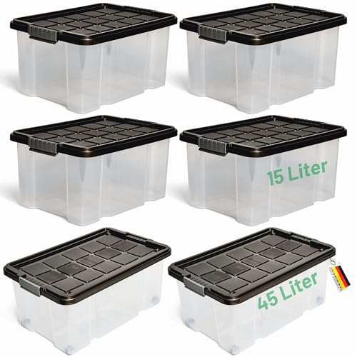 Novaliv 5 tlg Sparset Aufbewahrungsboxen mit Deckel Anthrazit 2x45 L + 4x 15L Nestbar stapelbar Clipverschluss Rollboxen BPA-frei von Novatool