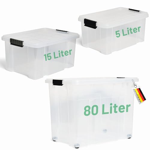 Novaliv 5 tlg Sparset Aufbewahrungsboxen mit Deckel Transparent 1x80 L + 1x 55L + 1x 28L Nestbar stapelbar Clipverschluss Rollboxen BPA-frei von Novatool