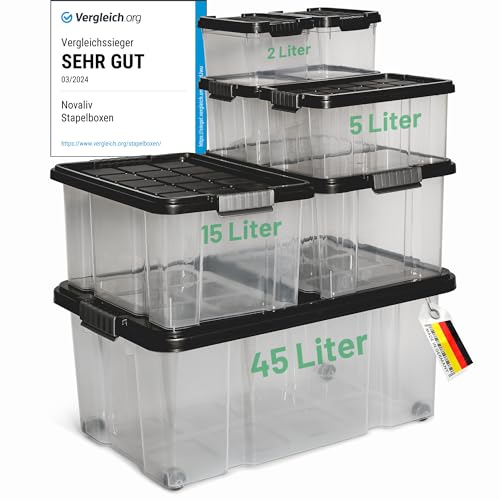 Novaliv 7 tlg Sparset Aufbewahrungsboxen mit Deckel Anthrazit 1x45 L + 2x 15L + 2x 5L + 2x 2L Nestbar stapelbar Clipverschluss Rollboxen BPA-frei von Novatool