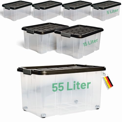 Novaliv 7 tlg Sparset Aufbewahrungsboxen mit Deckel Anthrazit 1x55 L + 2x 15L + 4x 5L Nestbar stapelbar Clipverschluss Rollboxen BPA-frei von Novatool