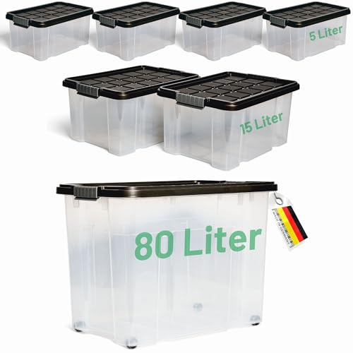 Novaliv 7 tlg Sparset Aufbewahrungsboxen mit Deckel Anthrazit 1x80 L + 2x 15L + 4x 5L Nestbar stapelbar Clipverschluss Rollboxen BPA-frei von Novatool