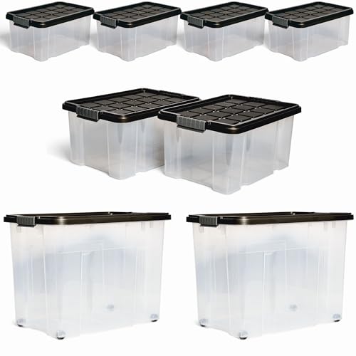 Novaliv 7 tlg Sparset Aufbewahrungsboxen mit Deckel Anthrazit 2x80 L + 2x 15L + 4x 5L Nestbar stapelbar Clipverschluss Rollboxen BPA-frei von Novatool