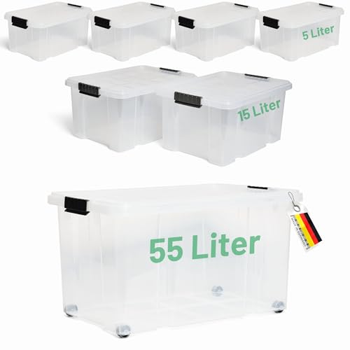 Novaliv 7 tlg Sparset Aufbewahrungsboxen mit Deckel Transparent 1x55 L + 2x 15L + 4x 5L Nestbar stapelbar Clipverschluss Rollboxen BPA-frei von Novatool