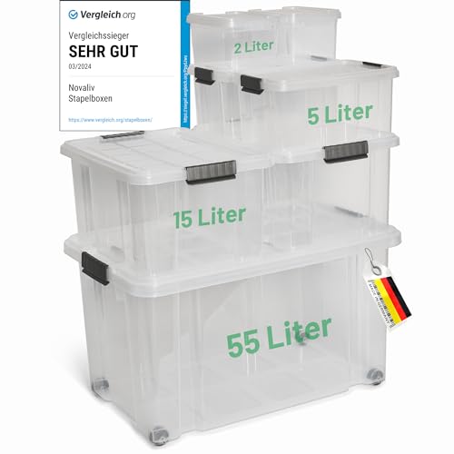 Novaliv 7 tlg Sparset Aufbewahrungsboxen mit Deckel Transparent 1x55L + 2x 15L + 2x 5L + 2x 2L Nestbar stapelbar Clipverschluss Rollboxen BPA-frei von Novatool