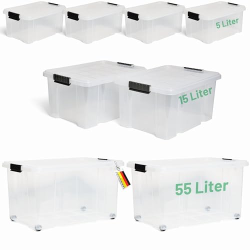 Novaliv 7 tlg Sparset Aufbewahrungsboxen mit Deckel Transparent 2x55 L + 2x 15L + 4x 5L Nestbar stapelbar Clipverschluss Rollboxen BPA-frei von Novatool