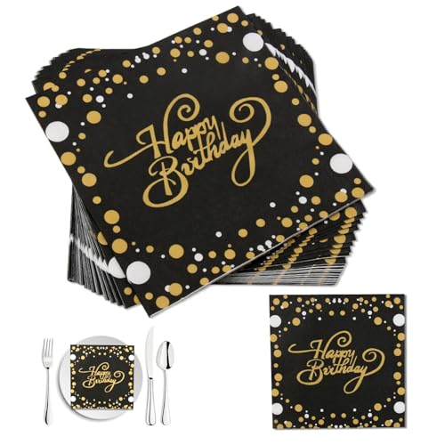 60 Stück Servietten Geburtstag, 33x33cm Schwarz Gold Geburtstagsservietten Geburtstag Konfetti Papierservietten Happy Birthday Napkins Papierserviette Deko für Junge Mädchen Geburtstag Party Deko von Novstuf