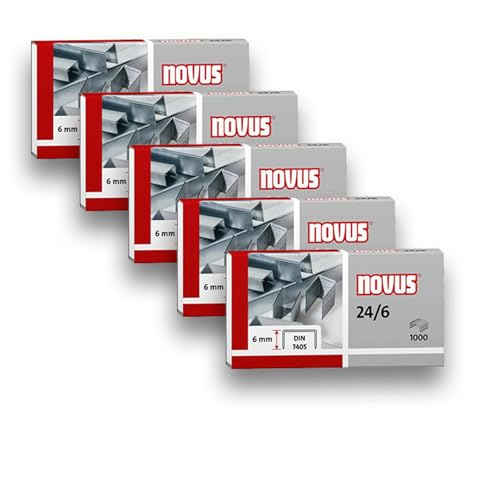 Novus Standardheftklammer 24/6, verzinkt, 1000 Stück pro Packung (5x1000), 6mm, für Papierstapel bis 25 Blatt von Novus