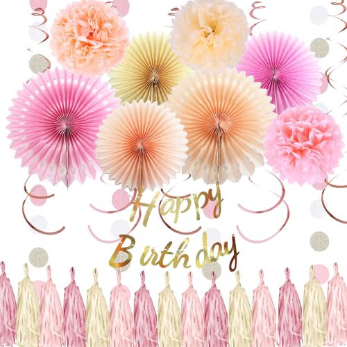 Geburtstag Party-Dekorationen, Rosa Happy Birthday Banner Papier Pom Poms Blumen, Boho Neutral Luftschlangen Girlande, Hanging Party Supplies für Geburtstag Baby Dusche Hochzeit Geburtstag von Nspiel