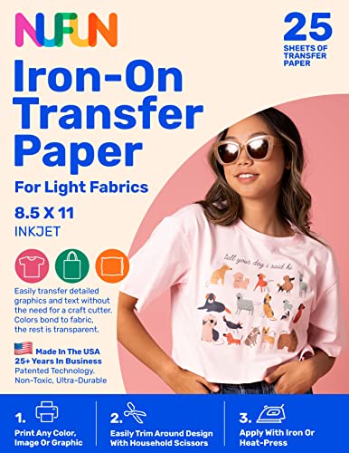 NuFun Activities Bedruckbares Wärmetransferpapier zum Aufbügeln für T-Shirts, leichte Stoffe, 25 Blatt 21,6 x 27,9 cm, langlebig, langlebig, professionelle Qualität, einfaches DIY, ungiftig, von NuFun Activities