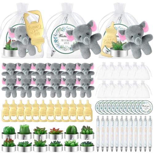 Nuanchu 72 Stück Gastgeschenke für Babypartys, Geschenke für Gäste, inklusive Sukkulentenkerze, Mini-Elefant, Stofftiere, Flaschenöffner, grüne Kugelschreiber, Dankeskarte, Organza-Beutel für von Nuanchu