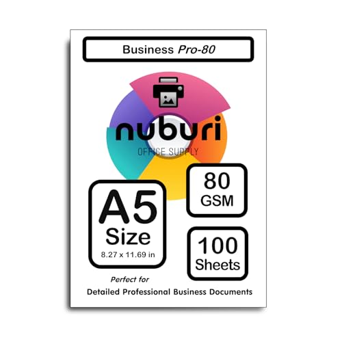 Nuburi Premium-Druckerpapier, A5, ideal für professionelle Dokumente, glatt, hochweiß, 80 g/m², 9,5 kg, 100 Blatt von Nuburi Office Supply