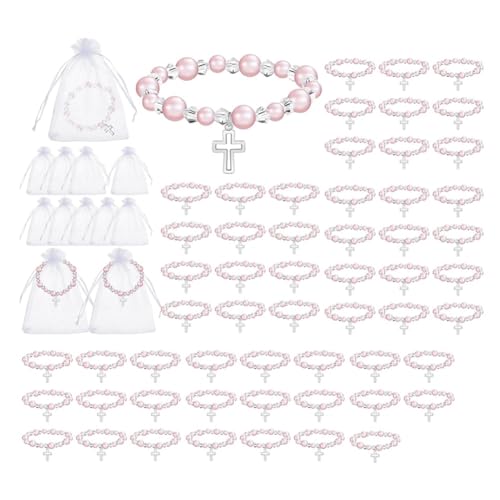 Nudeg 60 Stück Taufgeschenke für Mädchen, bestehend aus 30 rosa Perlenarmbändern mit Kruzifix, 30 aus Organza, dehnbare Rosenkranz-Armbänder von Nudeg