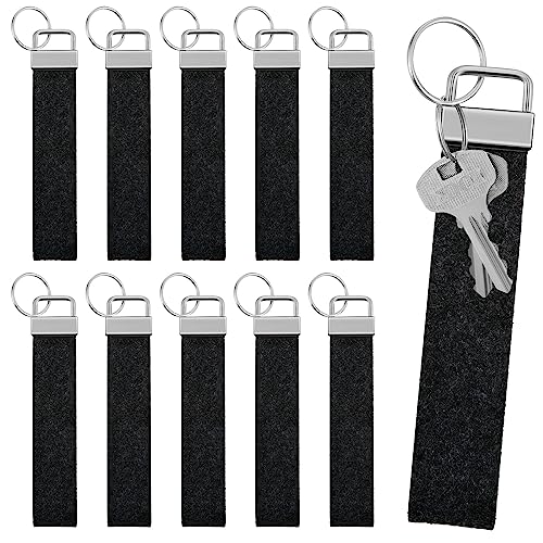 Nuenen 10 Stück 13 x 2,7 cm Filz Schlüsselanhänger mit Edelstahl Ring Filz Schlüsselanhänger zum Basteln DIY Dekoration Filzanhänger Schlüsselband Glücksbringer für Tasche Auto (Schwarz) von Nuenen