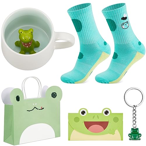 Nuenen 5 Stück Freunde Frosch Geschenke inklusiv 13,5 Unzen Frosch Kaffeebecher Frosch Schlüsselanhänger Frosch Party Papiertüte Frosch Blanko Grußkarte Frosch Damen Socken für Geburtstag Deko von Nuenen