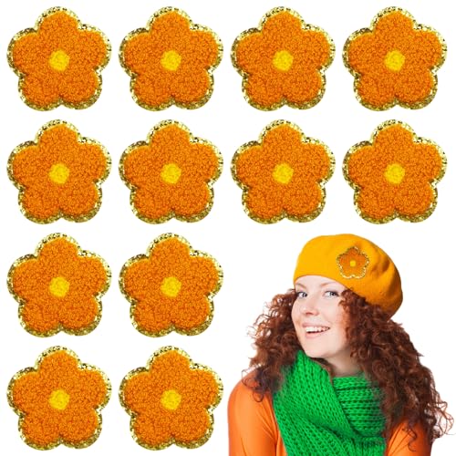 Chenille-Flicken mit Blumenmuster, selbstklebend, für Kleidung, zum Aufkleben, bestickt, für Taschen, Orange, 12 Stück von Nufiwra