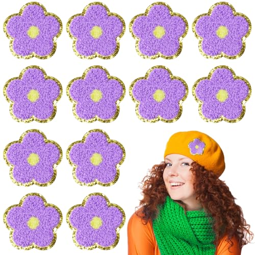 Chenille-Flicken mit Blumenmuster, selbstklebend, zum Aufkleben, bestickt, für Taschen, Violett, 12 Stück von Nufiwra