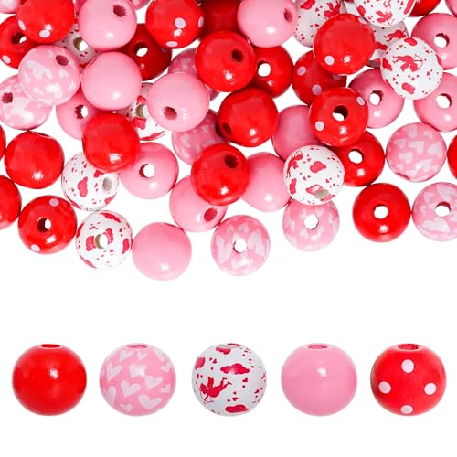 Nujvnuj 100Pcs 16mm Perlen Valentinstag Rot Rosa Holzperlen mit Loch Große Perle Runde Perle Armband Halskette Schlüsselanhänger Schmuck Machen Valentinstag Jahrestag Party Dekoration von Nujvnuj