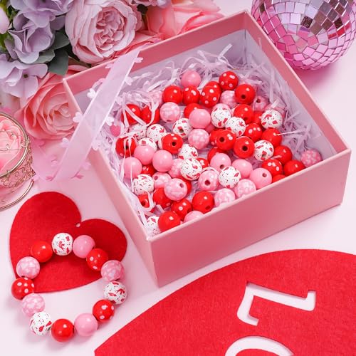 Nujvnuj16mm Perlen Valentinstag Rot Rosa Holzperlen mit Loch Große Perle Runde Perle Armband Halskette Schlüsselanhänger Schmuck Machen Valentinstag Jahrestag Party Dekoration von Nujvnuj