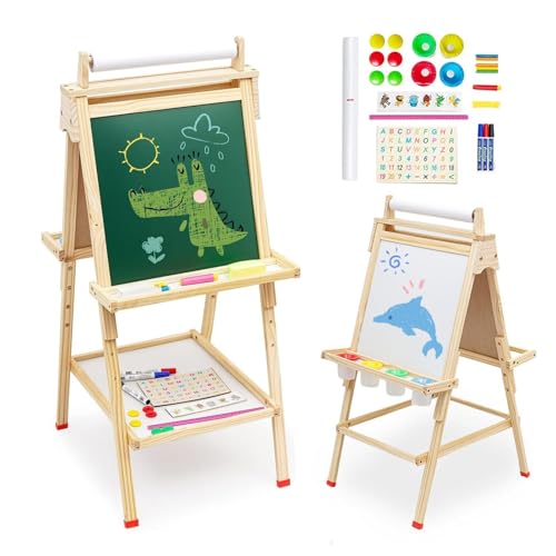 Kinder Staffelei 3 in 1 Kinder Spiel-Tafel aus Holz mit Papierrolle Doppelseitige Tafel und Whiteboard Höhenverstellbar Standtafel Kindertafel mit Ablagefach Buchstaben Zahlen und anderes Zubehör von Nukdey