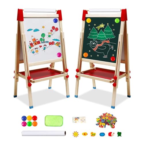 Kinder Staffelei 3 in 1 Kindertafel aus Holz mit Papierrolle Doppelseitige Whiteboard und Tafel Höhenverstellbar Standtafel 68-114cm Tafel Kinder mit Ablagefach Buchstaben Zahlen und Anderes Zubehör von Nukdey