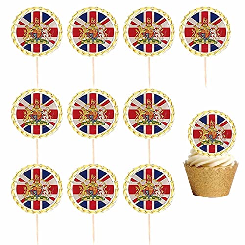 Nupaque Cupcake-Topper mit Flagge | 10 Stück King Charles Iii Coronation Theme King Cupcake Topper - Flaggenaufsätze in Lebensmittelqualität, Kuchendekorationen für die Abschlussfeier der Armee von Nupaque