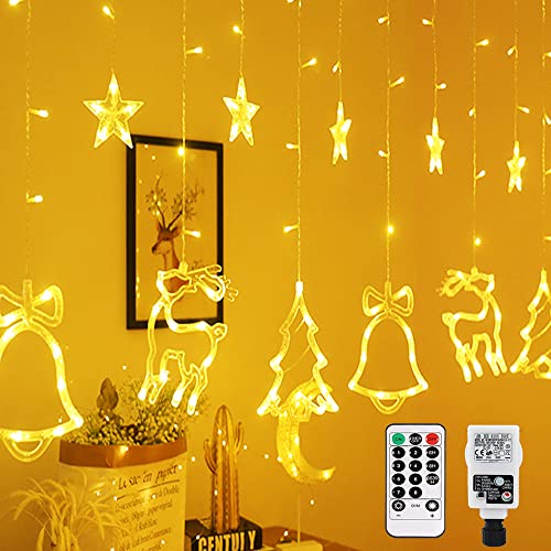 LED Lichterkette Lichtervorhang 2.5M 138 LEDs Strom Sterne & Weihnachtsmuster Deko mit Merkfunktion, Timer, Fernbedienung 8 Modi Für Innen Außen, Weihnachten, Party, Hochzeit, Garten, Balkon, Fenster… von Nurkoo