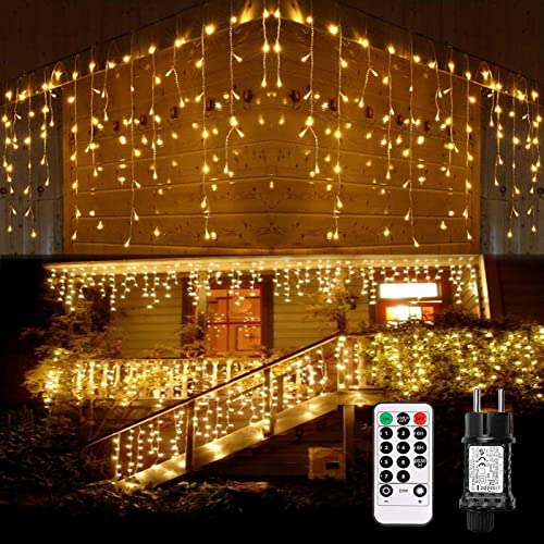 Nurkoo Led Eisregen Lichterkette Strom, 10m 400leds für Innen und Außen, GS geprüft, IP44, 8 Modi Lichtvorhang Mit Merkfunktion Fernbedienung Timer Für Zimmer, Traufe, Weihnachten, Treppe, Geländer von Nurkoo