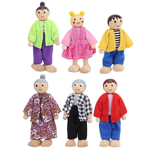 Nurnesy Puppenhaus-Familie aus Holz, Set mit 7/6 Mini-Menschenfiguren, Puppenhaus-Puppen, Holzpuppenfamilie, Rollenspielfiguren, Zubehör Vorgetäuschtes Puppenhaus-Spielzeug (6 von Nurnesy