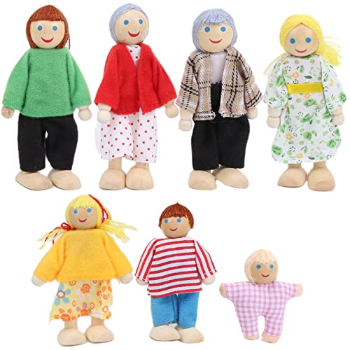 Nurnesy Puppenhaus-Familie aus Holz, Set mit 7/6 Mini-Menschenfiguren, Puppenhaus-Puppen, Holzpuppenfamilie, Rollenspielfiguren, Zubehör Vorgetäuschtes Puppenhaus-Spielzeug von Nurnesy