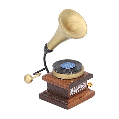 Puppenhaus-Phonograph, Mini-Puppenhaus-Phonograph, Handgefertigtes Retro-Grammophon, Spielzeughaus-Zubehör, Miniatur-Vintage-Phonograph aus Birkenholz mit Schallplatte, von Nurnesy