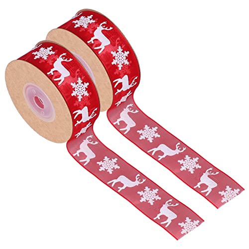 Weihnachtsband, Breites Bedrucktes Schneeflocken-Hirsch-Rotband, aus Polyester, 2 Rollen für Geschenkverpackung, DIY-Handwerk, Girlandenverpackung mit Festlichem Ambiente von Nurnesy