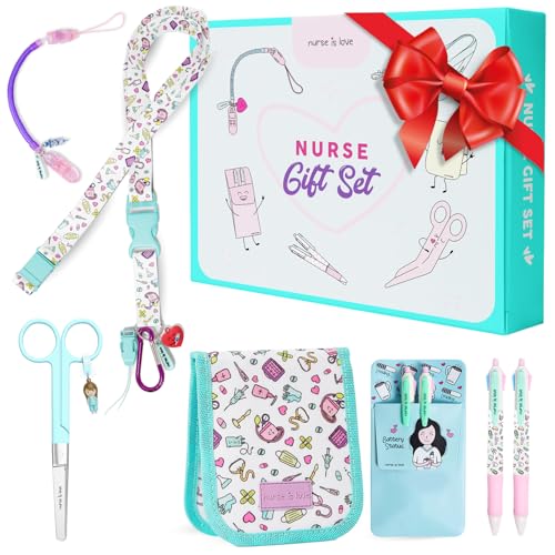 Nurse Is Love Krankenschwester Geschenke 5-Teiliges Set | Schlüsselband + Schere + Taschenorganizer + Stifte Taschenschutz mit Kugelschreiber Mehrfarbige + Scherenhalter | Krankenschwester Zubehör von Nurse is Love