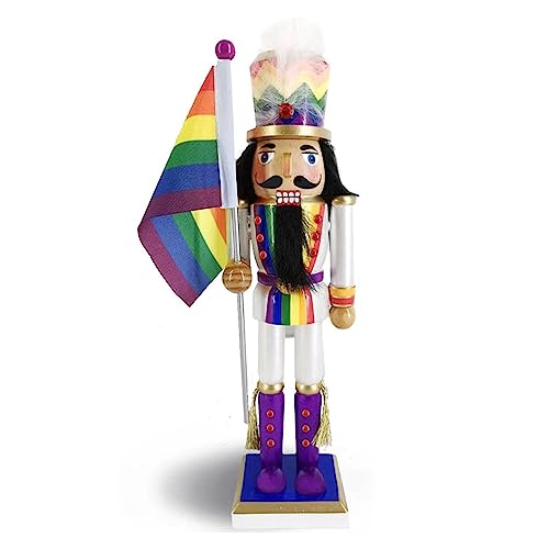 Nutcracker Ballet Gifts, Soldier Pride Nussknacker Weihnachtsschmuck, Holzfigur Dekoration mit weißer Uniform und Regenbogenflagge für Ferienwohnung, ideale Weihnachtsdekoration, 30,5 cm von Nutcracker Ballet Gifts