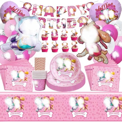 98 PCS Dog Patrol Partygeschir, Geburtstag Set Kinder Dog Patrol, Dog Patrol Geburtstag Deko, Geburtstag Geschirr Set, Banner Becher Servietten Tischdecke Teller Tassen Ballons(Rosa) von Nutrir