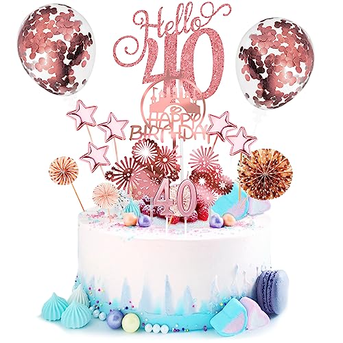 Tortendeko 40 Geburtstag Männer Frauen 17 Pcs Cake Topper Happy Birthday Kuchen Dekoration 40 Geburtstag Torten Topper Deko mit geburtstagskerzen Sternen Konfetti-Luftballons und Papierfächer Roségold von Nuts OT nuts