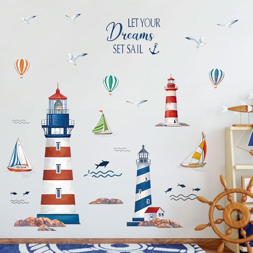 Leuchtturm Wandtattoo 3D-Effekt Freizeitspaß Wandaufkleber Segelboot Möwen Wandsticker Wanddeko für Kinderzimmer Babyzimmer Jungenzimmer - Nautisch, Vinyl, Wasserdicht, Indoor von Nv Wang