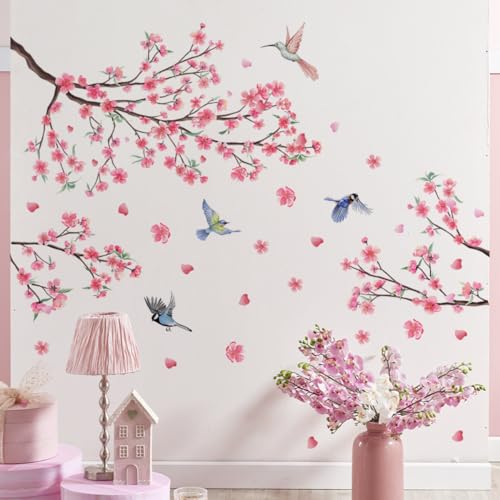 Wandtattoo Blumen Rosa Magnolie Wandaufkleber Vögel auf Ast Baum Wandsticker Wanddeko 3D-Effekt Aufkleber für Wohnzimmer Schlafzimmer Sofa Hintergrund von Nv Wang