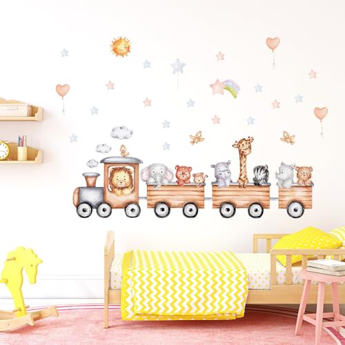 Wandtattoo Safari Tiere Zug Wandaufkleber Dschungel Tiere Elefant Giraffe Löwe Affe Zebra Fuchs Wanddeko für Tür, Kinderzimmer Babyzimmer Spielzimmer von Nv Wang