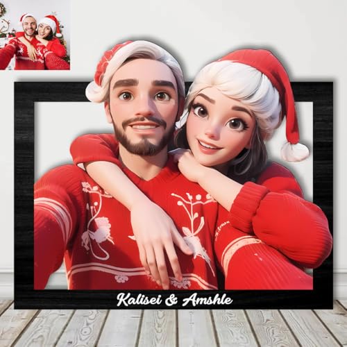 Personalisierte 3D Cartoon Stil Foto Holz Fotorahmen Zeichen, benutzerdefinierte Familie Foto 3D Cartoon Portrait Geschenk Karikatur Bilderrahmen, Hochzeitstag Weihnachtspaar Geschenk für ih (Stil1) von Nvhgfhp