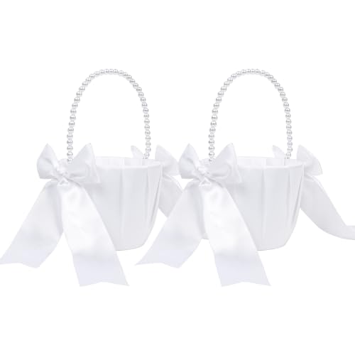 2 Stück Blumenmädchen Korb, Weiß Blumenkorb Hochzeit für Blumenmädchen, Blumenkorb Blumenkinder mit Henkel und Schleife von Nwvuop