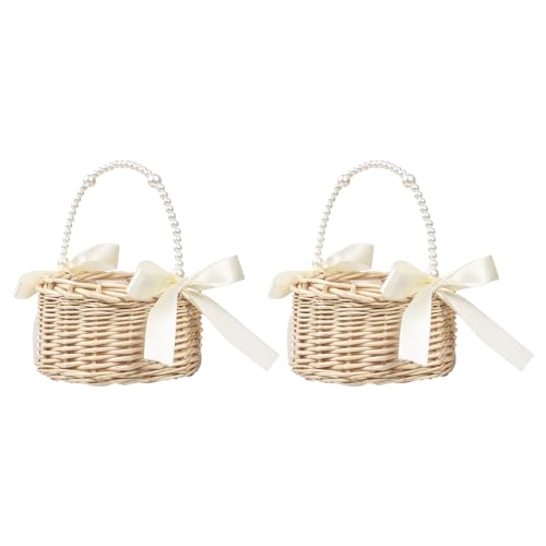 2 Stück Wicker Rattan Blumenmädchen Korb, Blumenkorb mit henkel und Schleife Hochzeit Blumenmädchen Weidenkorb klein von Nwvuop