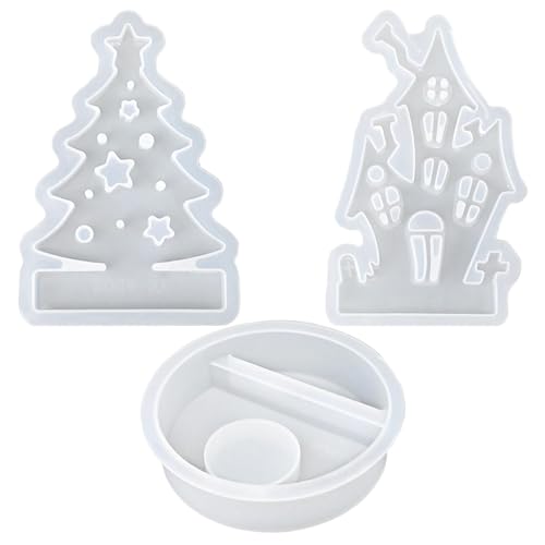 Nybhyjka 3 Stück Silikonform Kerzenhalter Set,Gießform Kerzenhalter Und Silikonform Haus Und Weihnachtsbaum Teelichthalter Kerzenformen, Kerzenhalter Epoxidharz Formen Haus Silikonform Für Sojawachs von Nybhyjka